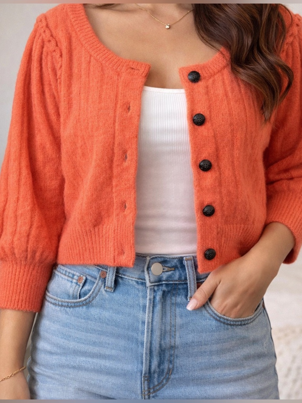 Free People Coral Cropped Cardigan Puff Sleeve Button Front Cozy Sweater Women L